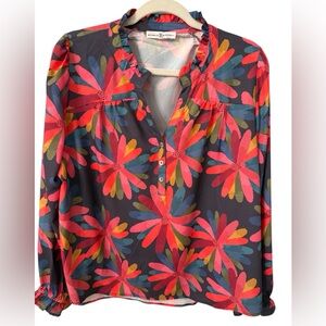 Michelle McDowell Floral Ruffle Neck Blouse Navy Multicolor Button Placket